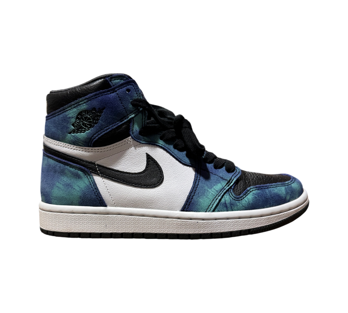Genesis Boutique Jordan 1 Tie Dye high-top sneakers featuring blue and green marbled leather and black accents.
