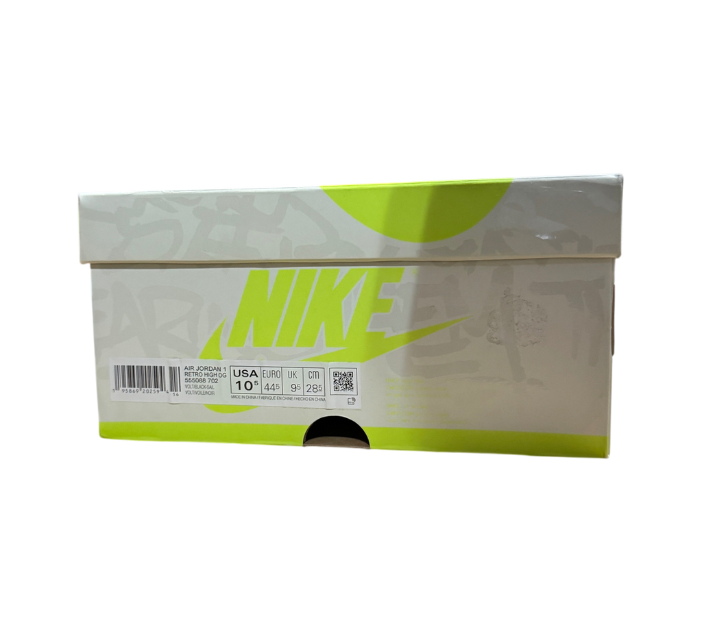 Genesis Boutique Jordan 1 High Visionaire shoe box with neon yellow and grey branding on a cardboard surface