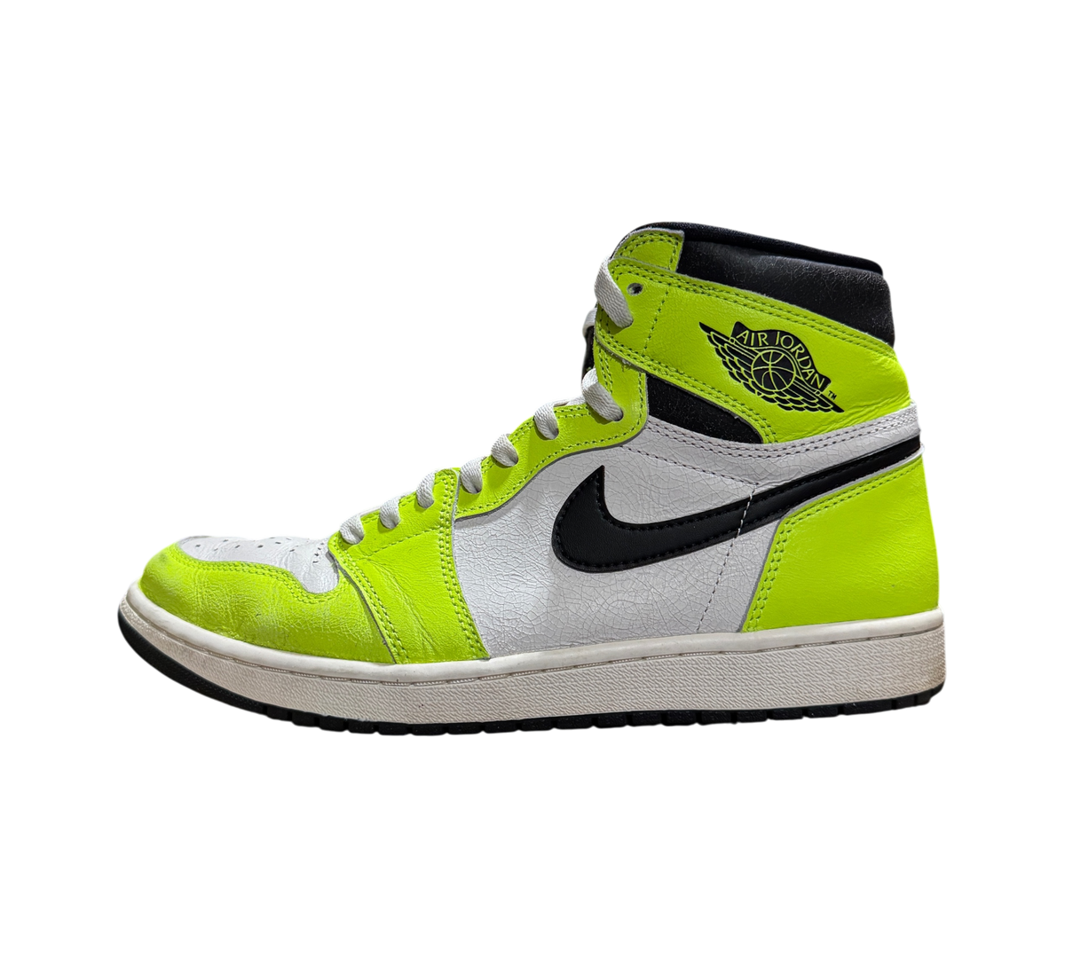 Genesis Boutique Jordan 1 High Visionaire sneakers in neon yellow and white leather with black swoosh side profile