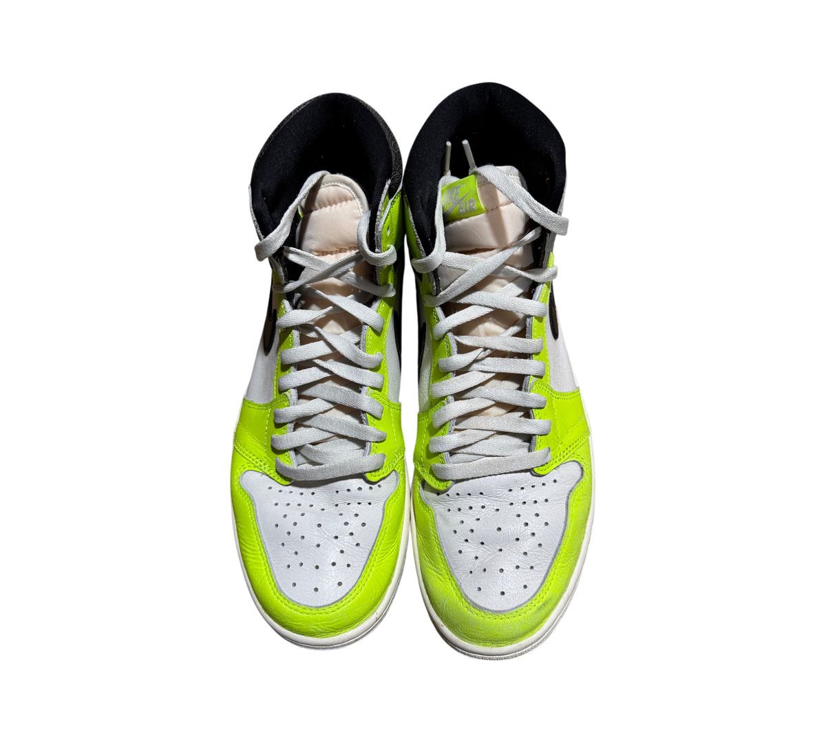 Genesis Boutique Jordan 1 High Visionaire sneakers in neon yellow and white leather with black accents