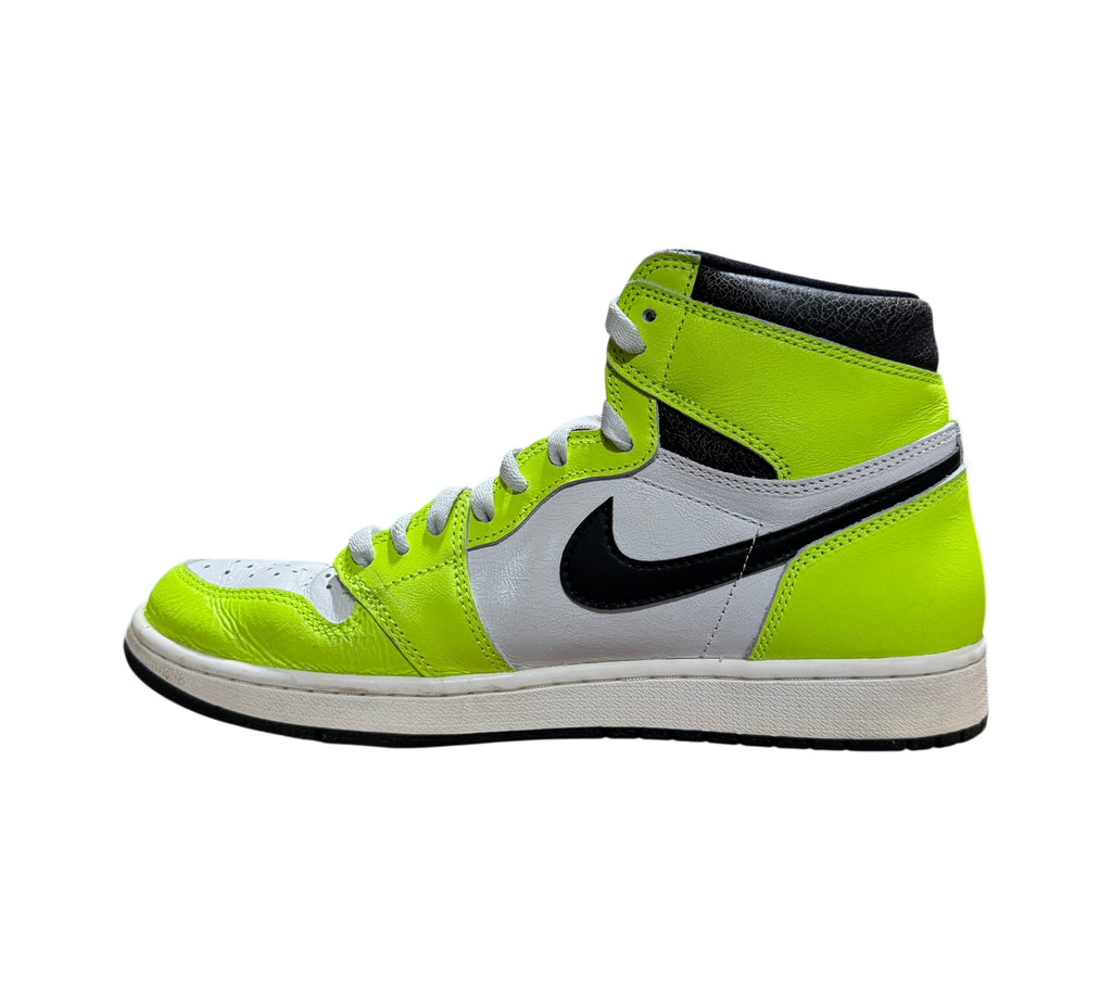 Genesis Boutique Jordan 1 High Visionaire sneakers in neon yellow, white, and black leather with slight creasing.