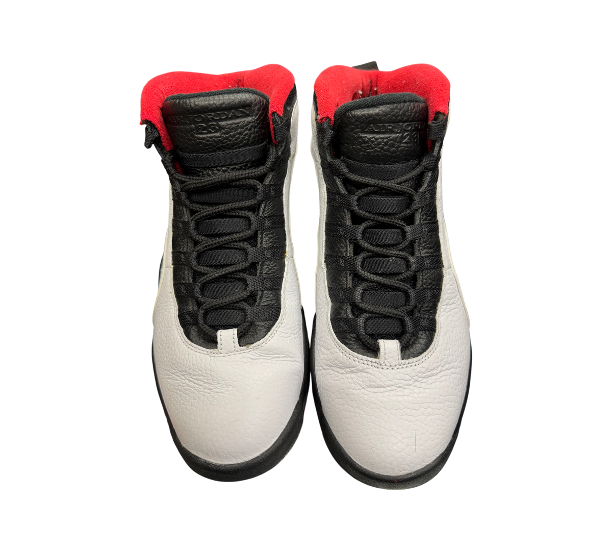 Genesis Boutique pre-owned Jordan 10 Double Nickel sneakers in white, black, and red leather with original packaging.