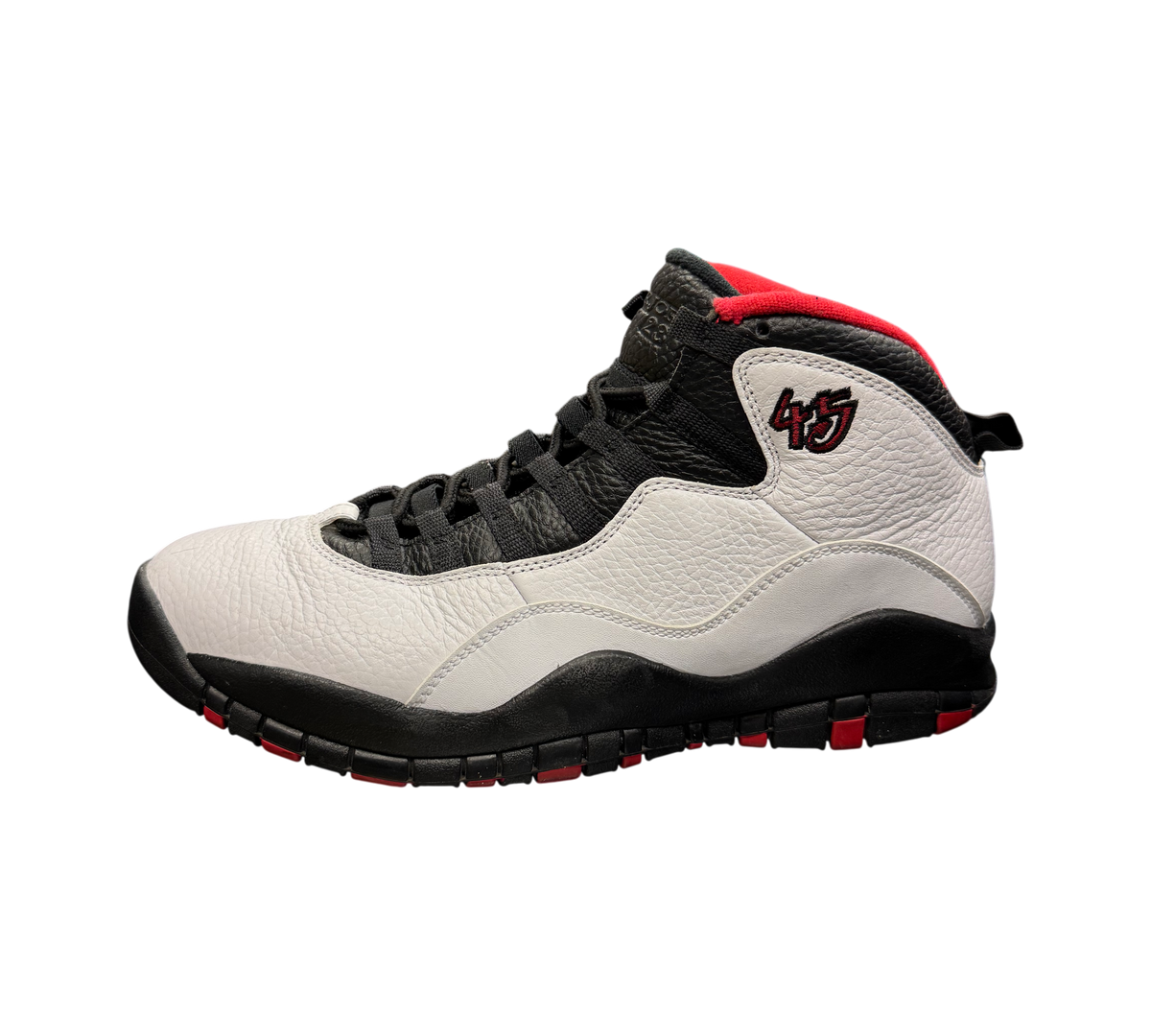 Genesis Boutique pre-owned Jordan 10 Double Nickel sneakers in white, black, and red leather with 45 embroidery.