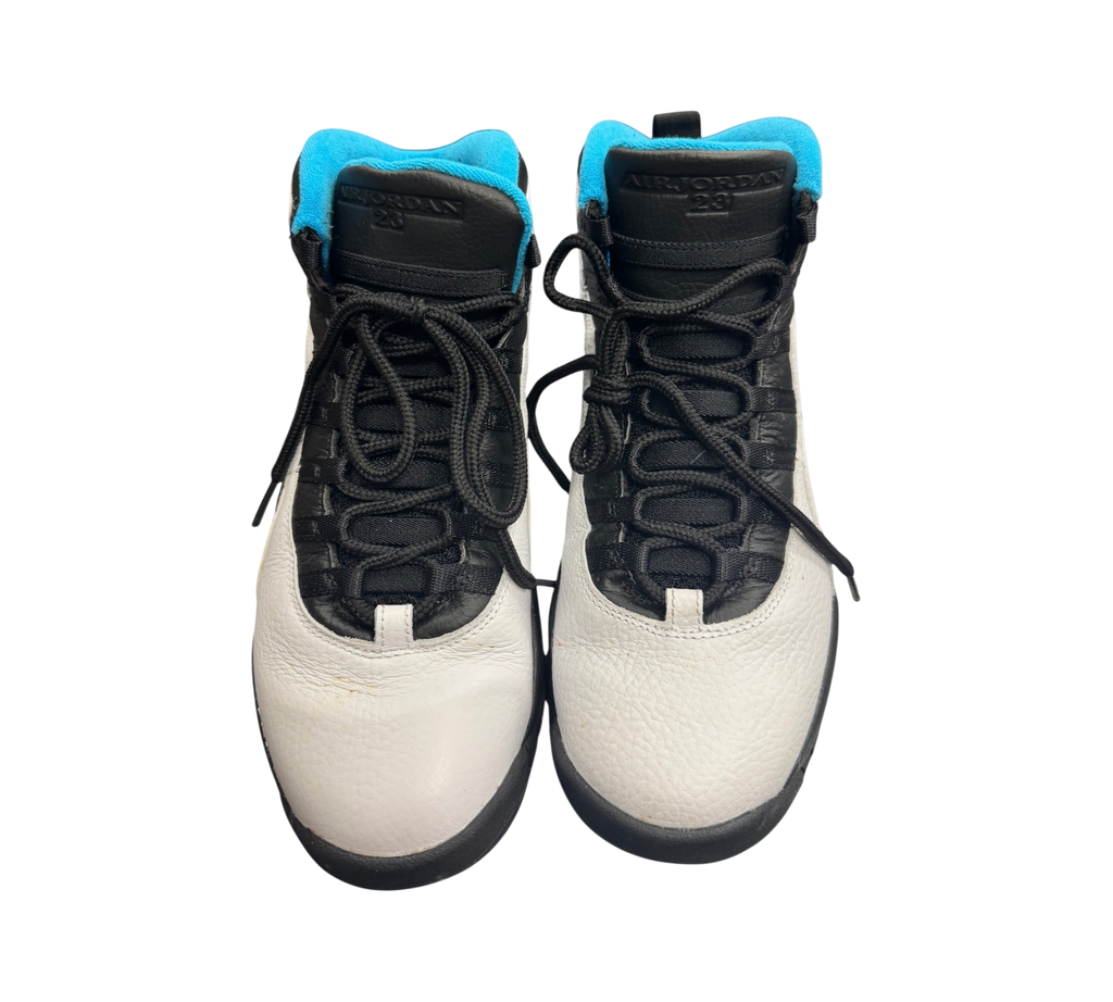 Genesis Boutique pre-owned Jordan 10 Powder Blue sneakers in white, black, and blue leather with black laces.