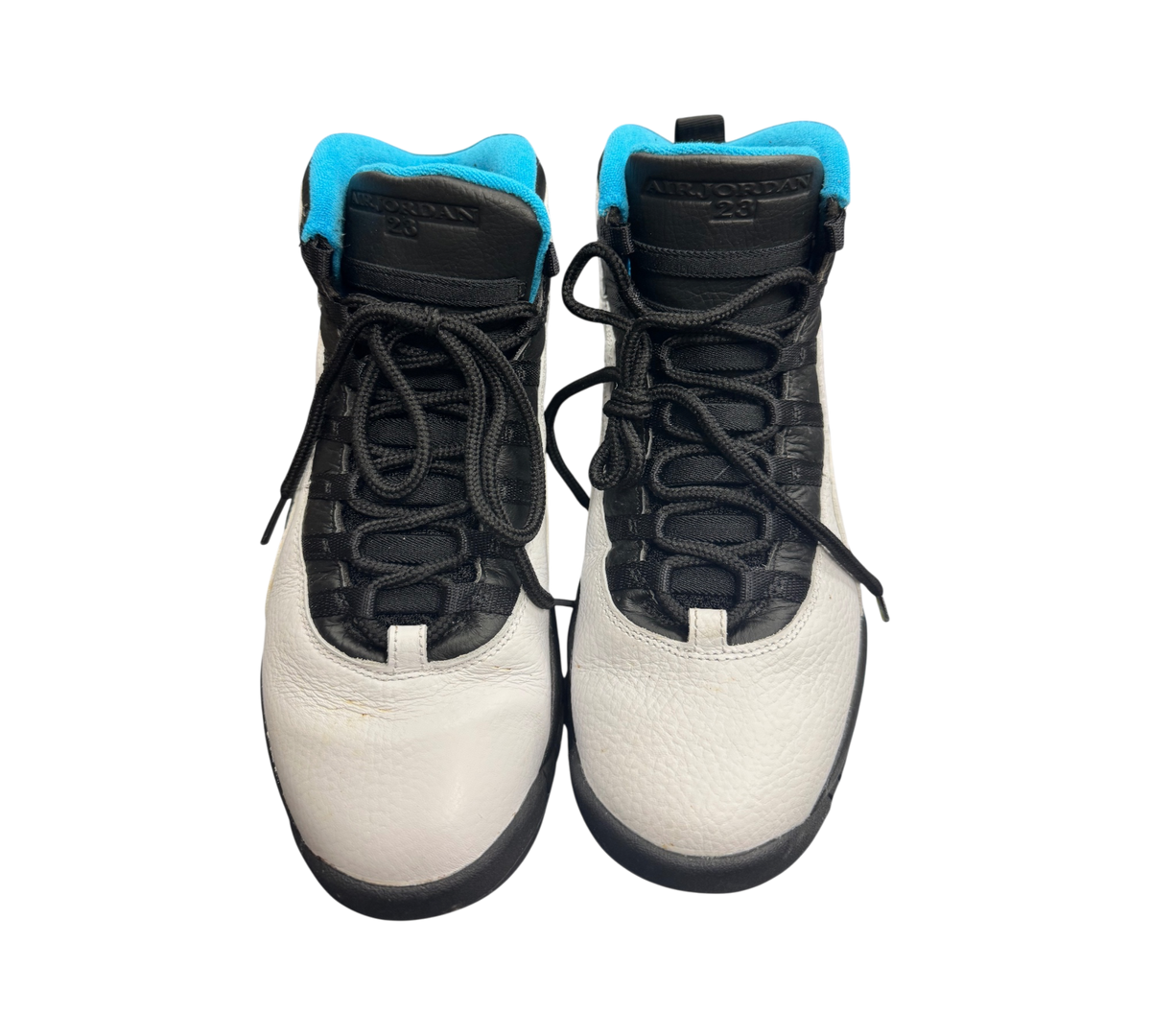 Genesis Boutique pre-owned Jordan 10 Powder Blue sneakers in white, black, and blue leather with black laces.
