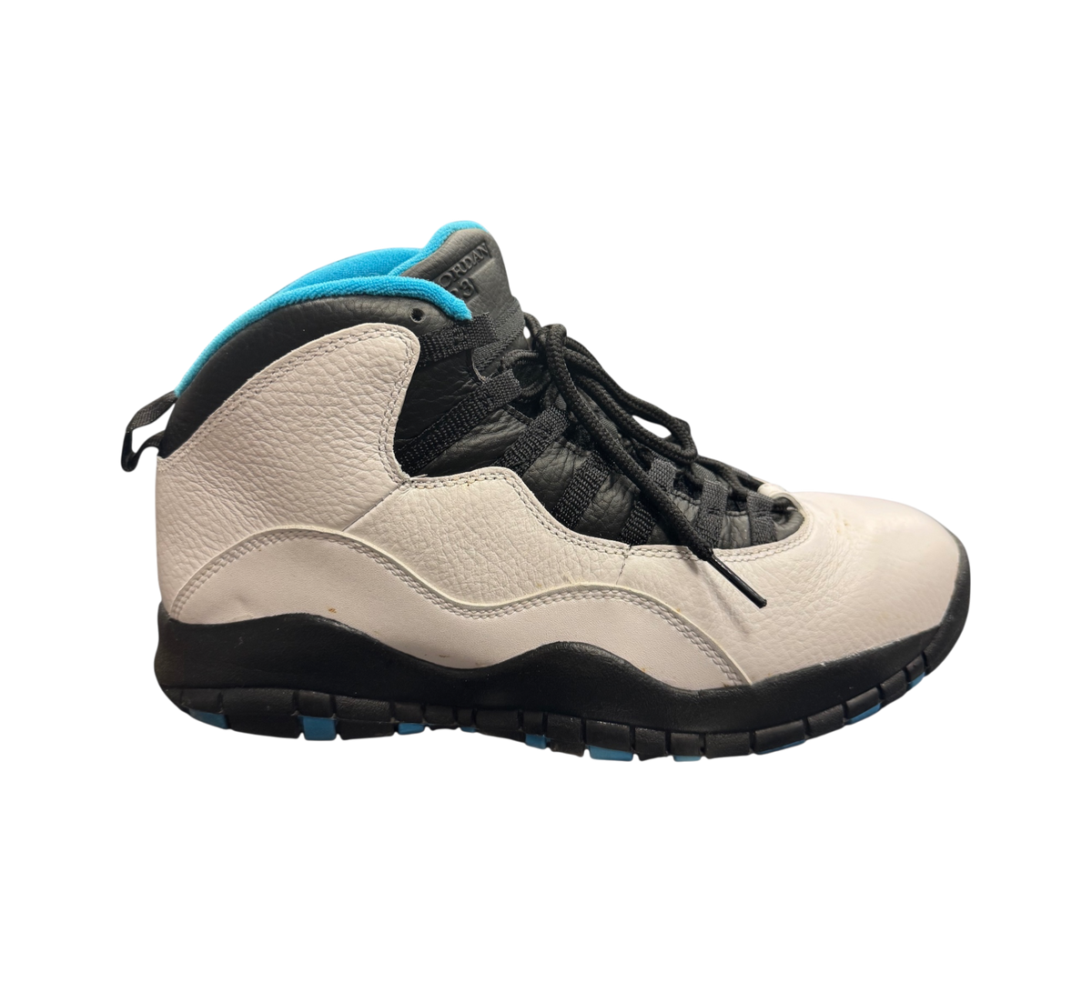 Genesis Boutique pre-owned Jordan 10 Powder Blue sneakers in white, black, and blue leather with a clean finish.