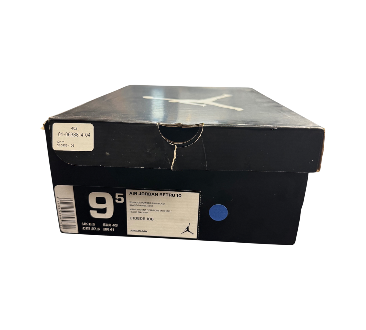 Genesis Boutique original black Jordan 10 Powder Blue sneaker box with size 9.5 label and Jumpman logo