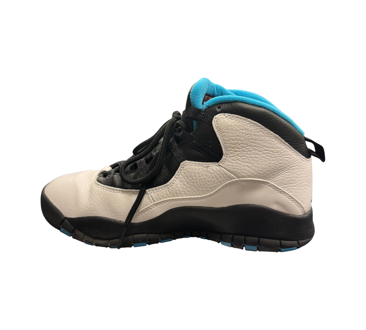 Genesis Boutique pre-owned Jordan 10 Powder Blue sneakers in white, black, and blue leather with black laces.