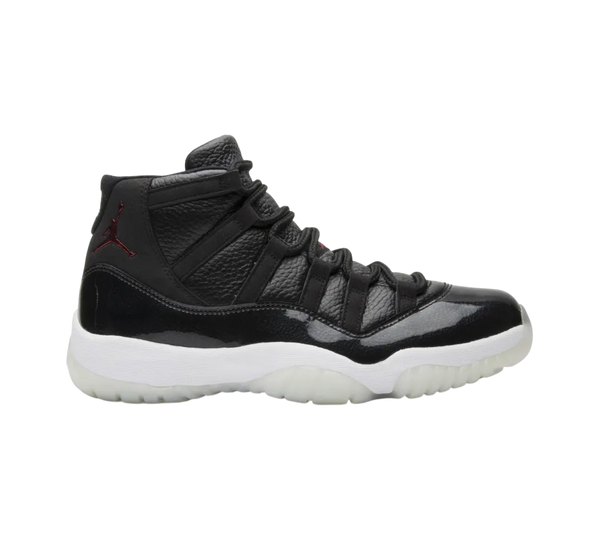 Genesis Boutique Jordan 11 "72-10" men's high-top sneakers in black leather with patent leather accents and translucent white soles.
