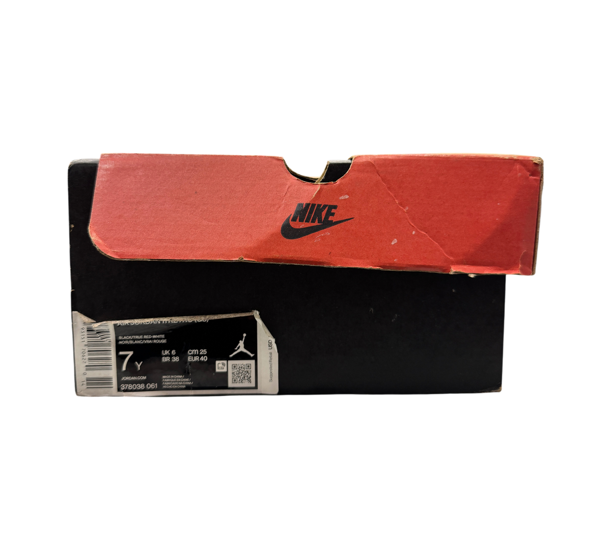 Genesis Boutique Jordan 11 GS Bred shoe box with red lid and size label in a retail store setting