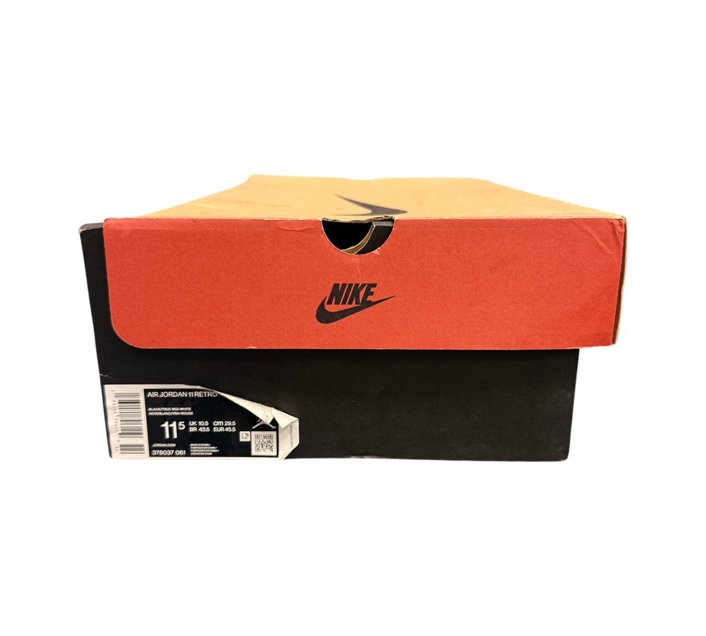 Genesis Boutique Jordan 11 2019 Bred retro sneakers, black and red colorway, size 11.5.