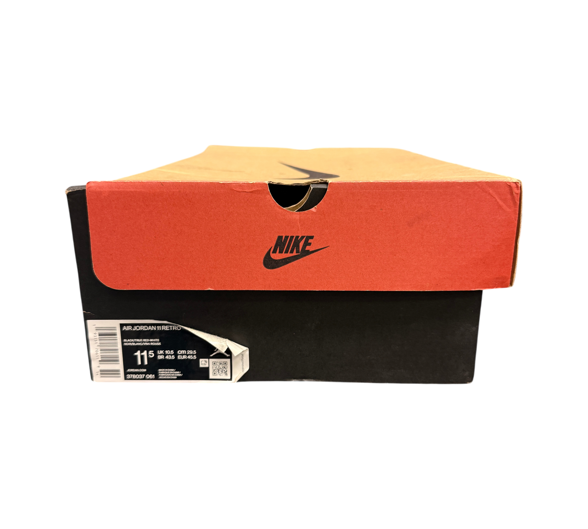 Genesis Boutique Jordan 11 2019 Bred retro sneakers, black and red colorway, size 11.5.