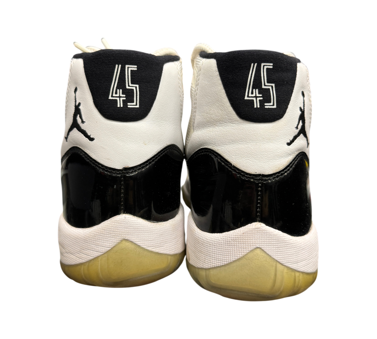 Genesis Boutique Jordan 11 Concord sneakers showing the back heel with number 45 and Jumpman logo