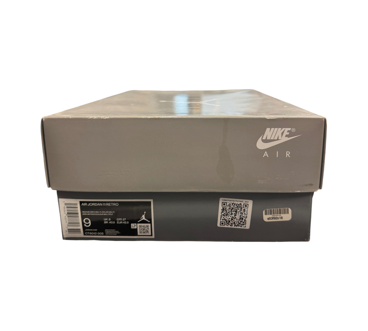 Genesis Boutique Jordan 11 Cool Grey sneaker box with Nike Air branding and size 9 label