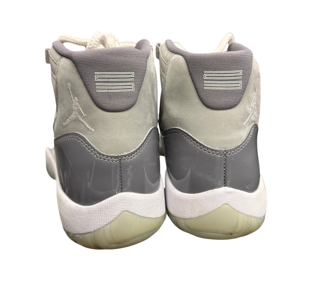 Genesis Boutique pre-owned Jordan 11 Cool Grey sneakers featuring grey suede, patent leather, and white midsoles.