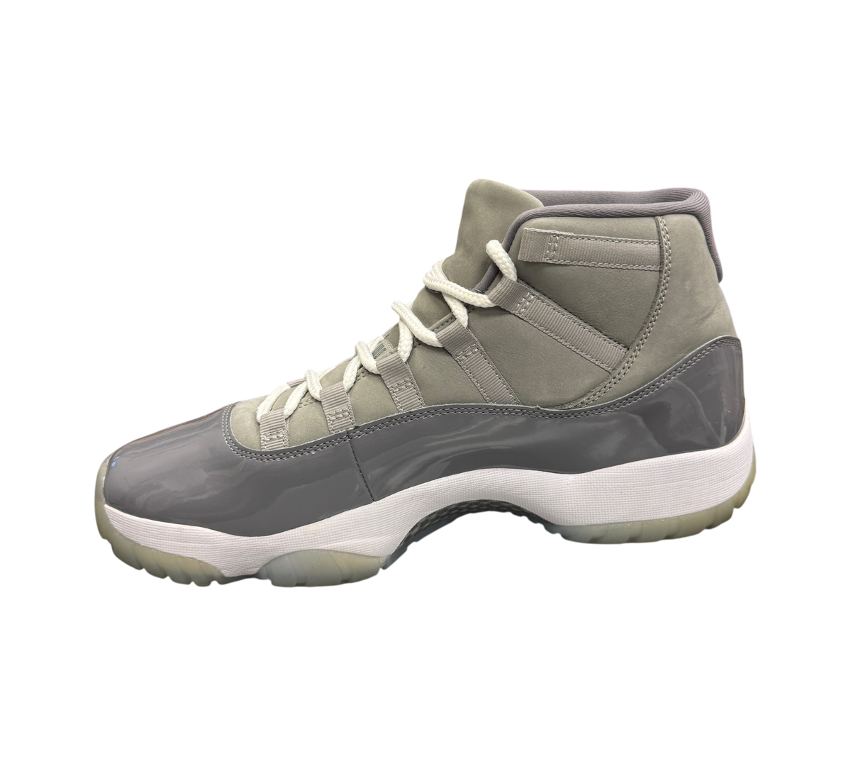 Genesis Boutique Jordan 11 Cool Grey sneakers in grey nubuck and patent leather with white laces and translucent sole