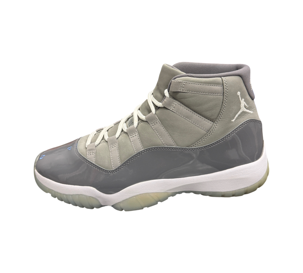 Genesis Boutique Jordan 11 Cool Grey sneakers in grey leather and patent leather with white laces and translucent sole