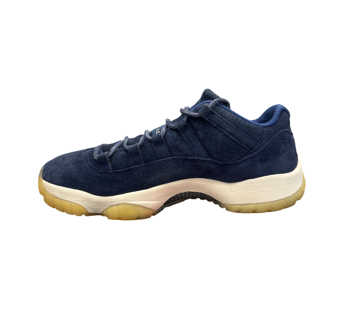 Genesis Boutique Jordan 11 Derek Jeter RE2PECT sneakers in navy blue suede with a white midsole and gum outsole.