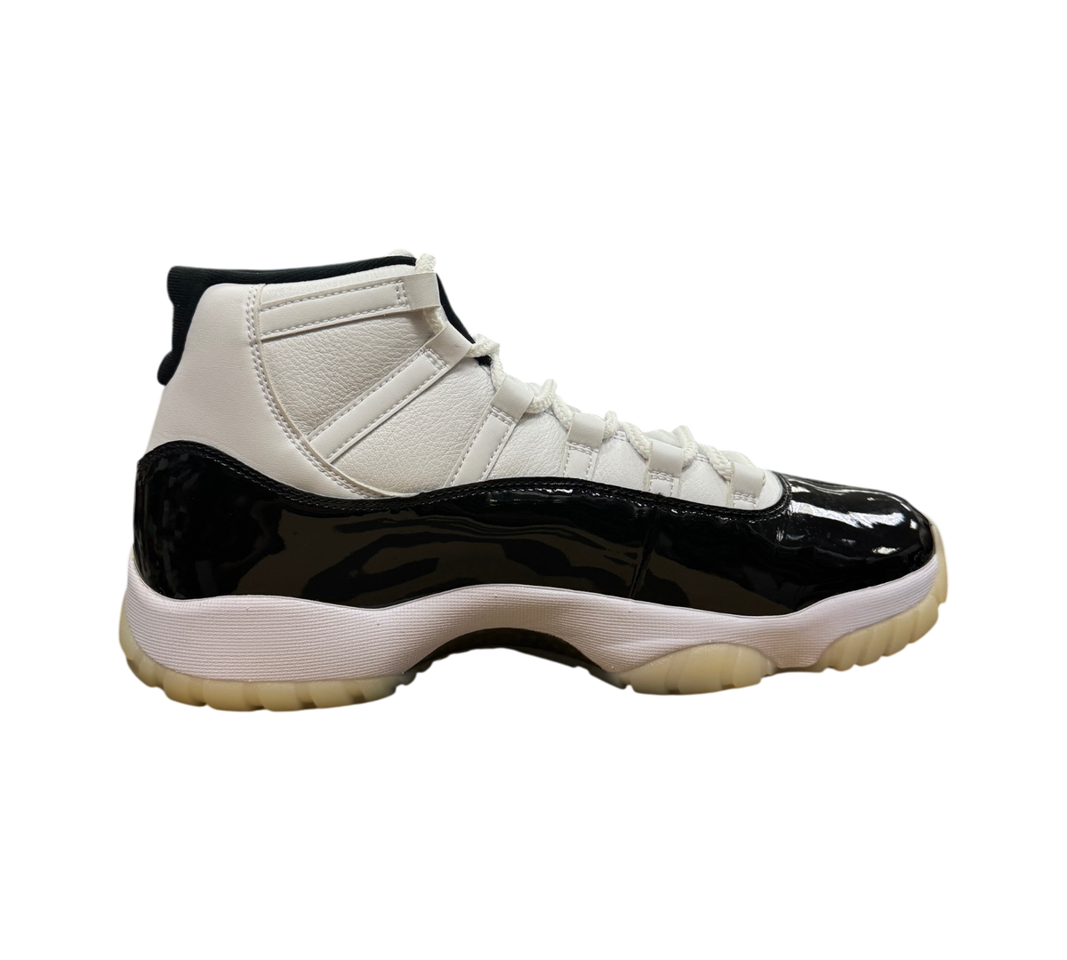 Genesis Boutique Jordan 11 DMP Gratitude sneakers in white leather and black patent leather with a translucent sole