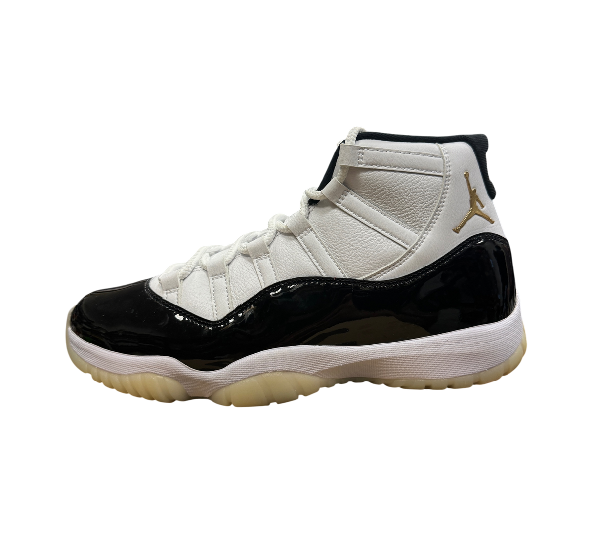 Genesis Boutique Jordan 11 DMP Gratitude sneakers in white leather and black patent leather with gold Jumpman logo