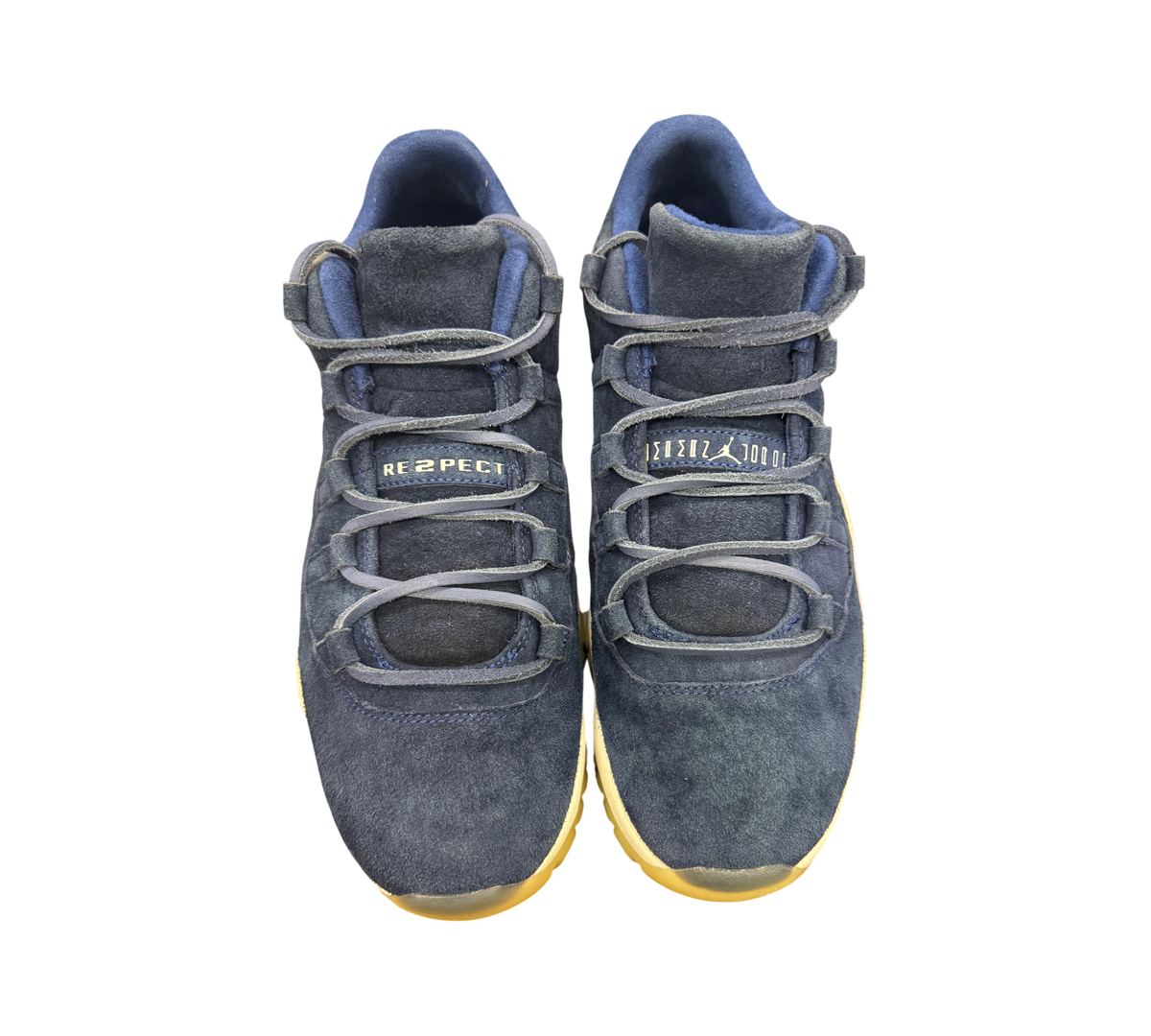 Genesis Boutique Jordan 11 Derek Jeter RE2PECT sneakers in navy blue suede with matching laces and tongue branding.