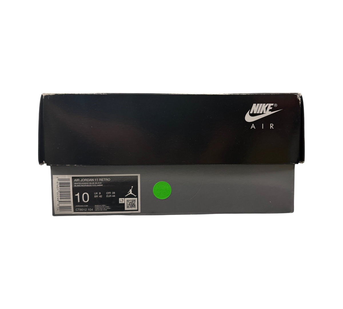Genesis Boutique Jordan 11 Legend Blue sneaker box with size 10 label and Nike Air logo on black background