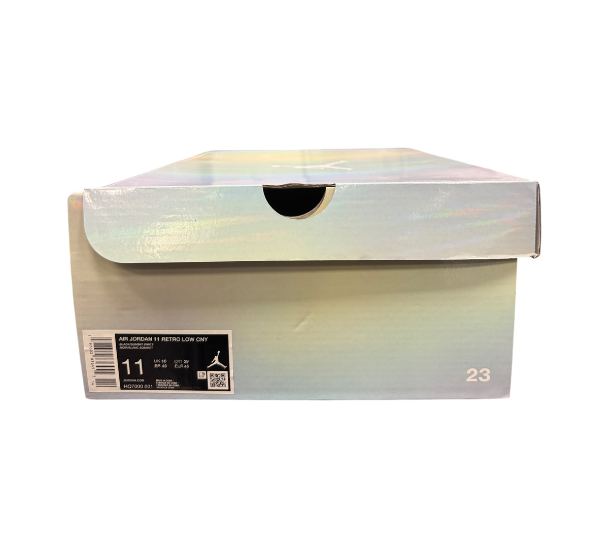 Genesis Boutique Jordan 11 Low Year of the Snake sneaker box with iridescent finish and product label