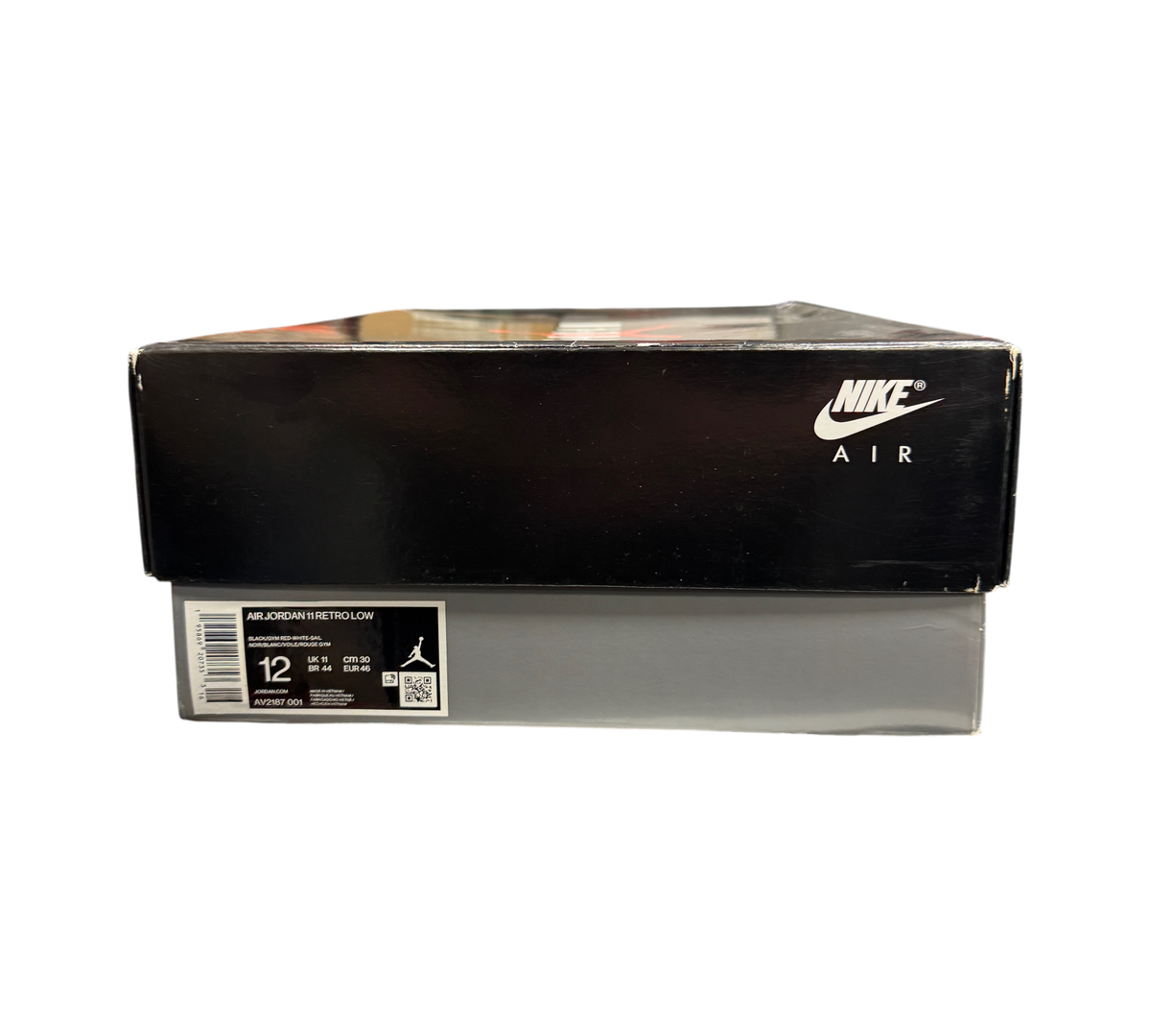 Genesis Boutique Jordan 11 Low 72-10 sneaker box with Nike Air branding and size 12 label