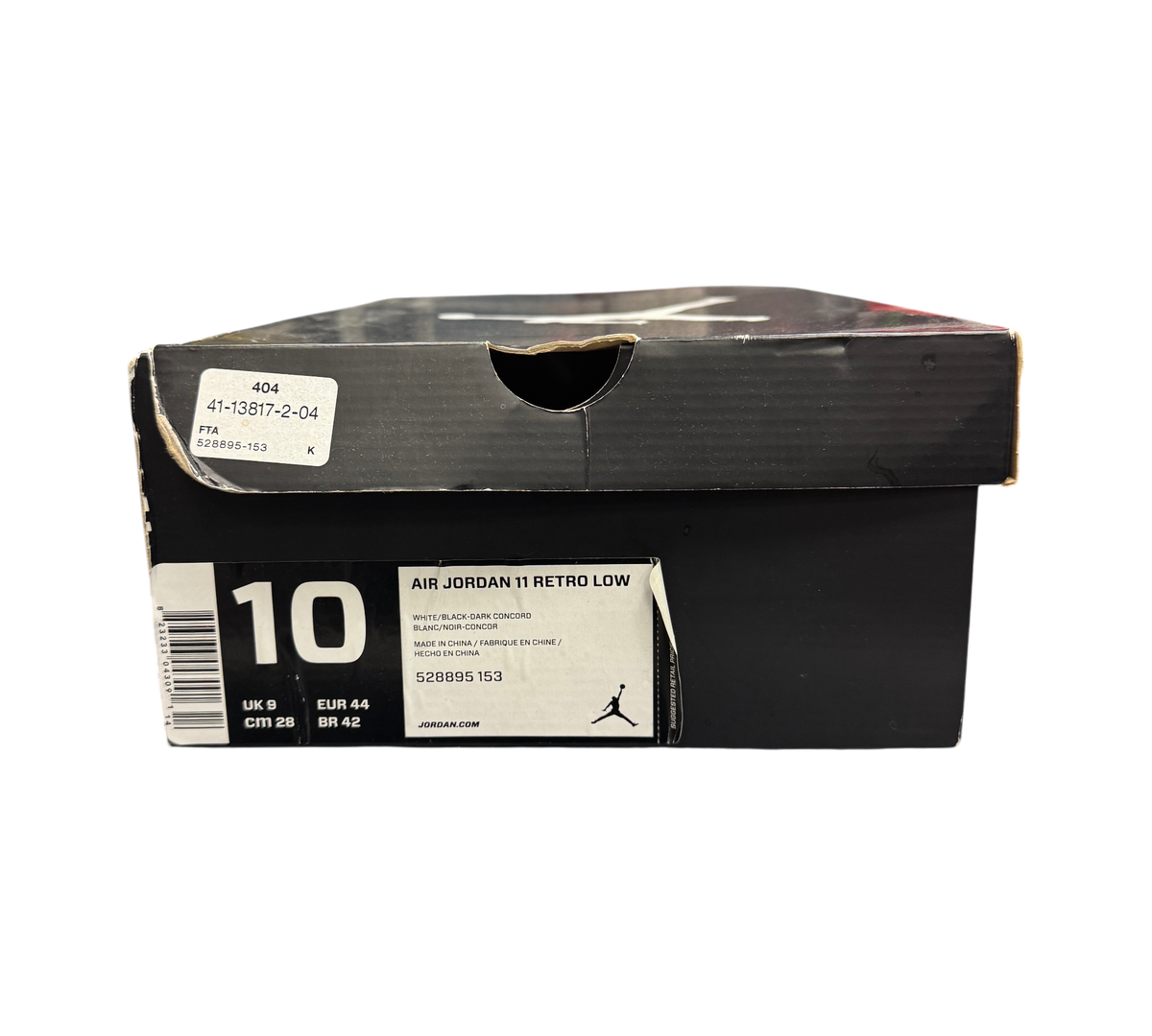 Genesis Boutique Jordan 11 Low Concord shoe box with size 10 label and SKU 528895-153 details