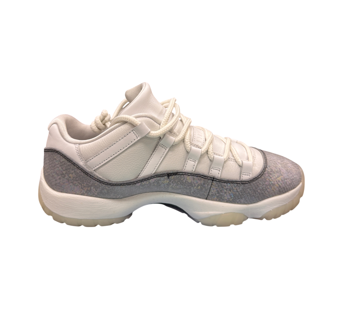 Genesis Boutique Jordan 11 Low Year of the Snake sneakers in white leather with textured grey snake-pattern mudguard