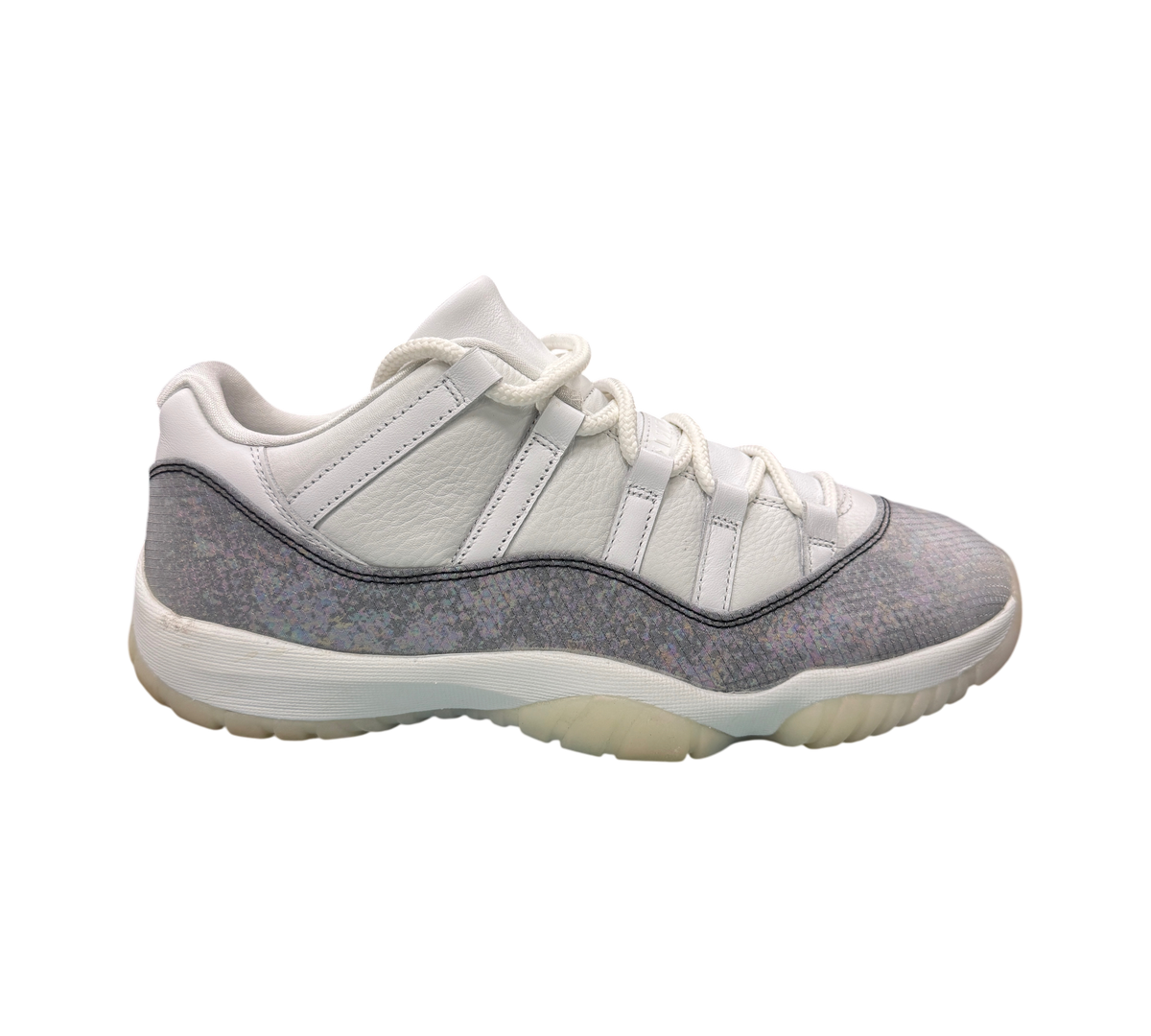 Genesis Boutique Jordan 11 Low Year of the Snake sneakers in white with iridescent grey snake-patterned mudguards