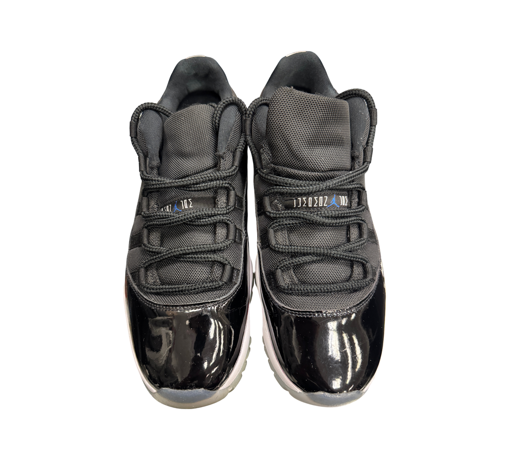 Genesis Boutique pre-owned Jordan 11 Low Space Jam sneakers in black with patent leather and blue Jumpman branding.