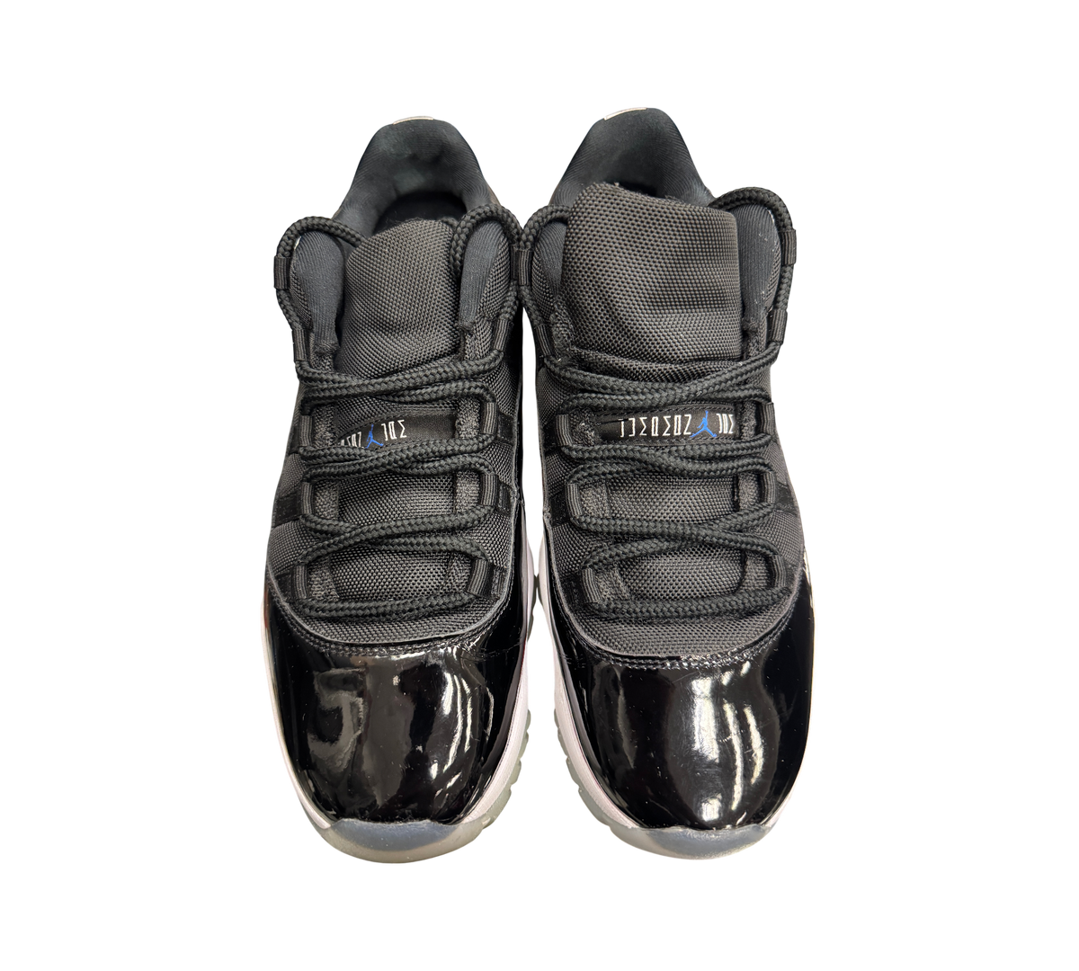 Genesis Boutique pre-owned Jordan 11 Low Space Jam sneakers in black with patent leather and blue Jumpman branding.