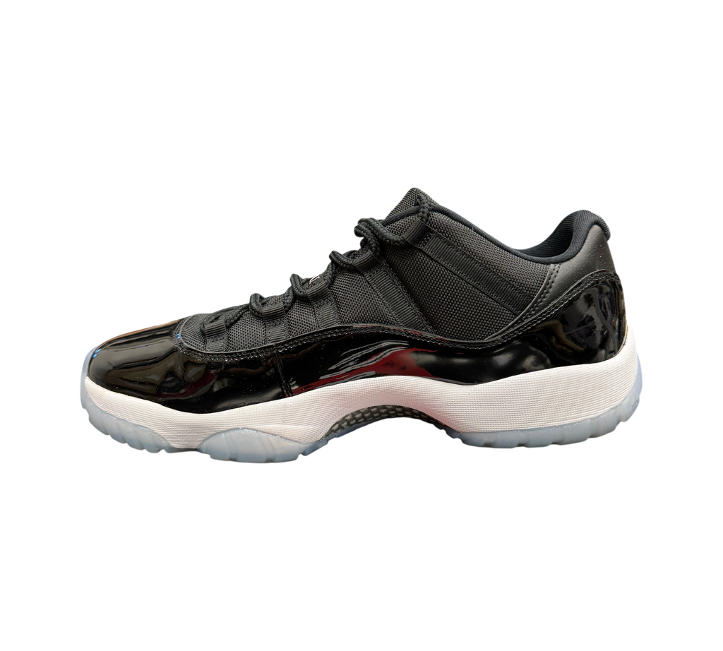 Genesis Boutique Jordan 11 Low Space Jam sneakers in black patent leather with white midsole and icy blue outsole