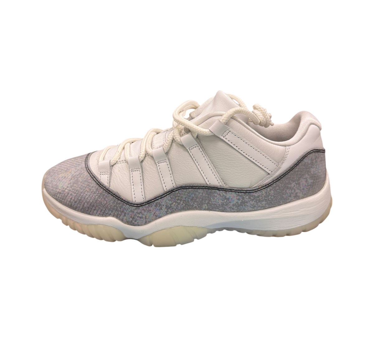 Genesis Boutique Jordan 11 Low Year of the Snake sneakers in white with iridescent textured mudguard side view