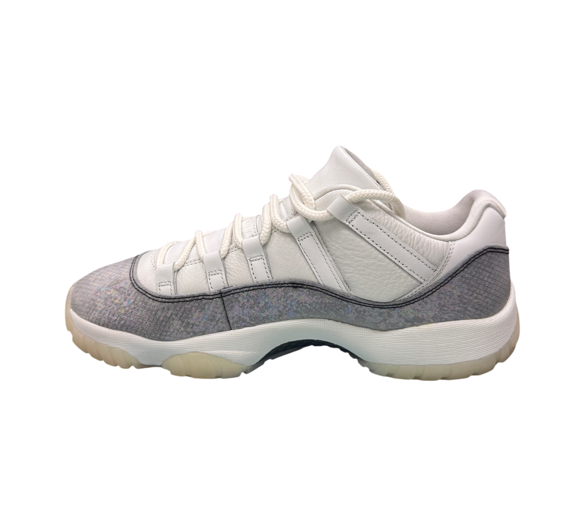 Genesis Boutique Jordan 11 Low Year of the Snake sneakers in white with iridescent snakeskin texture and translucent sole
