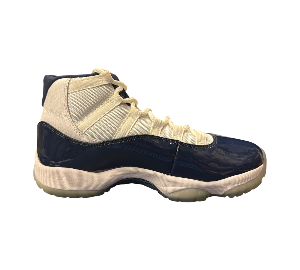 Genesis Boutique Jordan 11 Win Like 82 sneakers in white and navy blue with patent leather and mesh upper
