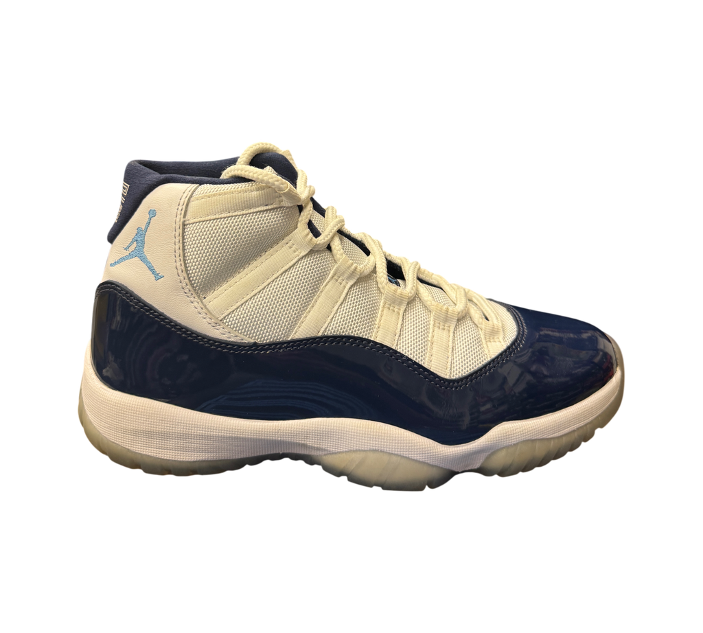 Genesis Boutique Jordan 11 Win Like 82 sneakers in white and navy blue with patent leather and translucent sole