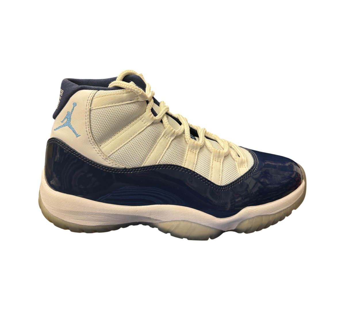 Genesis Boutique Jordan 11 Win Like 82 sneakers in white and navy blue with patent leather and translucent sole