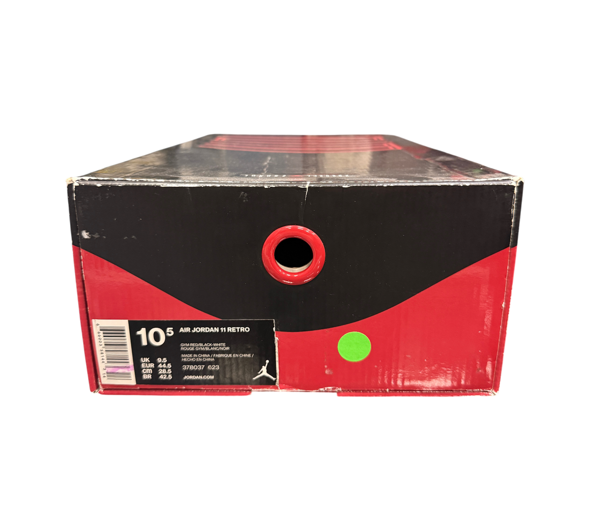 Genesis Boutique Jordan 11 Win Like 96 sneaker box in red and black with size 10.5 label and authentic branding.