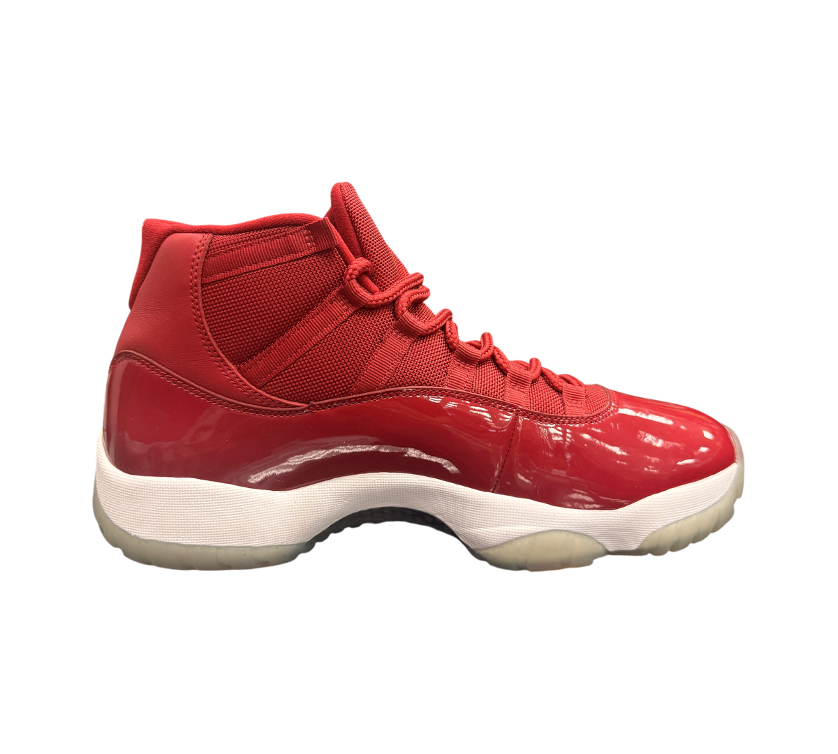 Genesis Boutique pre-owned Jordan 11 Win Like 96 sneakers in red patent leather with white midsole and yellowed soles