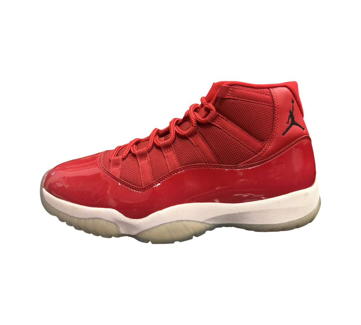 Genesis Boutique pre-owned Jordan 11 Win Like 96 sneakers in varsity red with patent leather and yellowed soles.