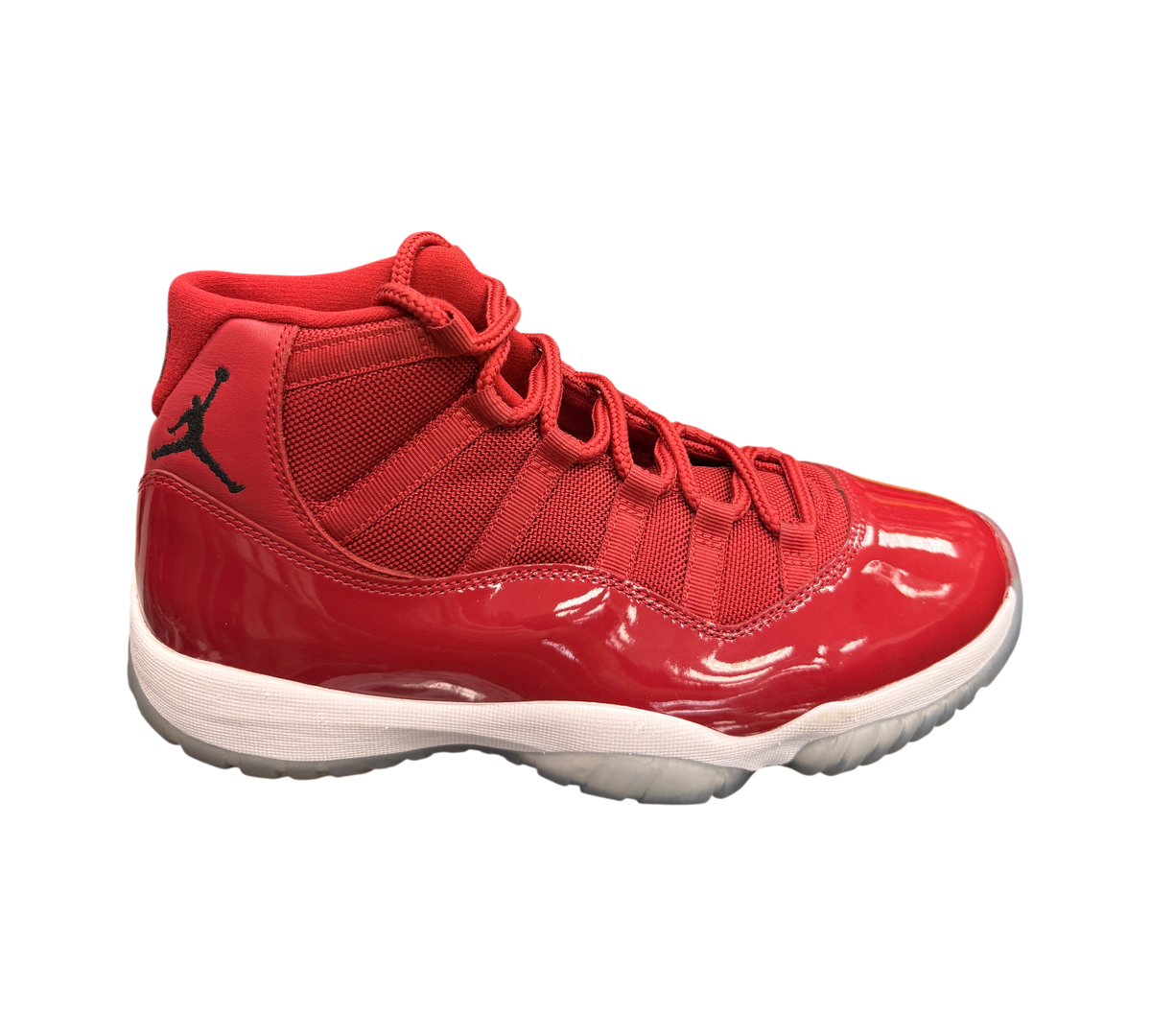 Genesis Boutique pre-owned Jordan 11 Win Like '96 sneakers in red patent leather with black Jumpman logo