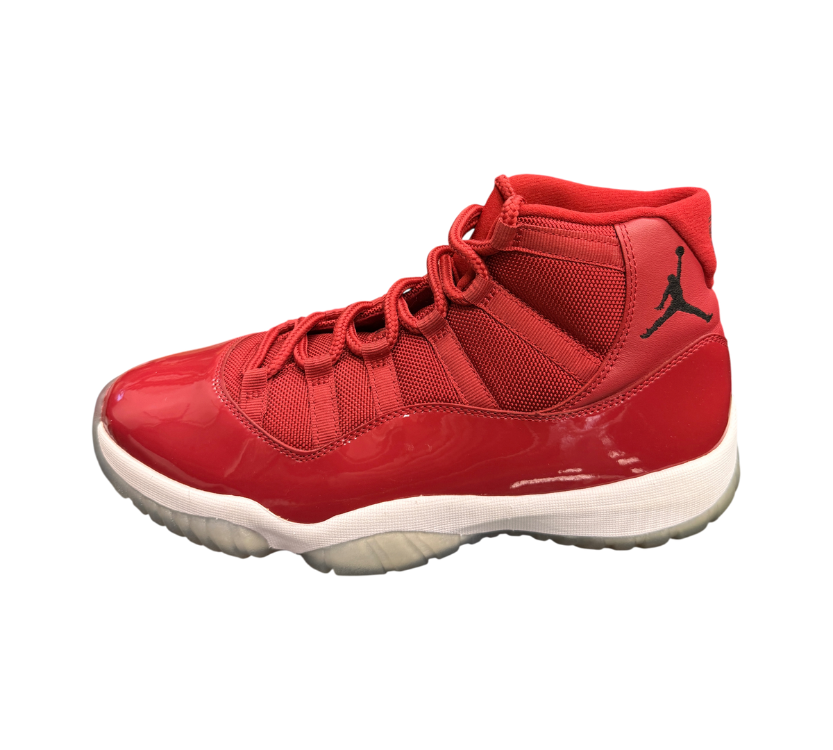 Genesis Boutique pre-owned Jordan 11 Win Like 96 sneakers in red with patent leather and yellowed soles.