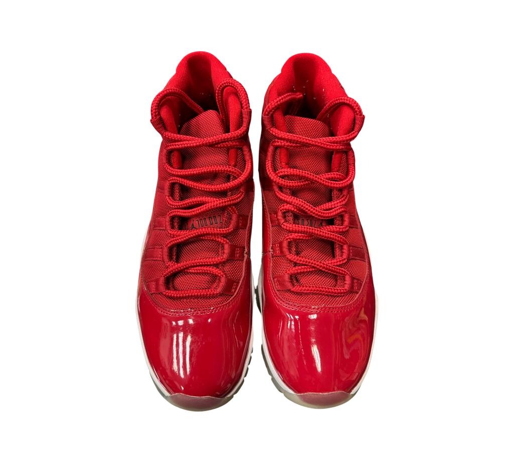 Genesis Boutique Jordan 11 Win Like 96 sneakers in gym red with patent leather mudguards and matching red laces