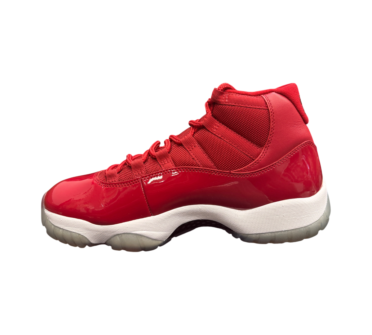 Genesis Boutique Jordan 11 Win Like 96 sneakers in gym red with patent leather mudguard and translucent outsole