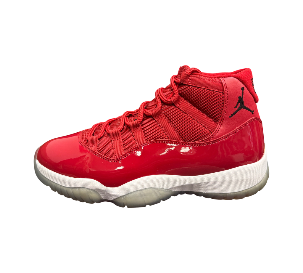 Genesis Boutique Jordan 11 Win Like 96 sneakers in red patent leather with black Jumpman logo and white midsole