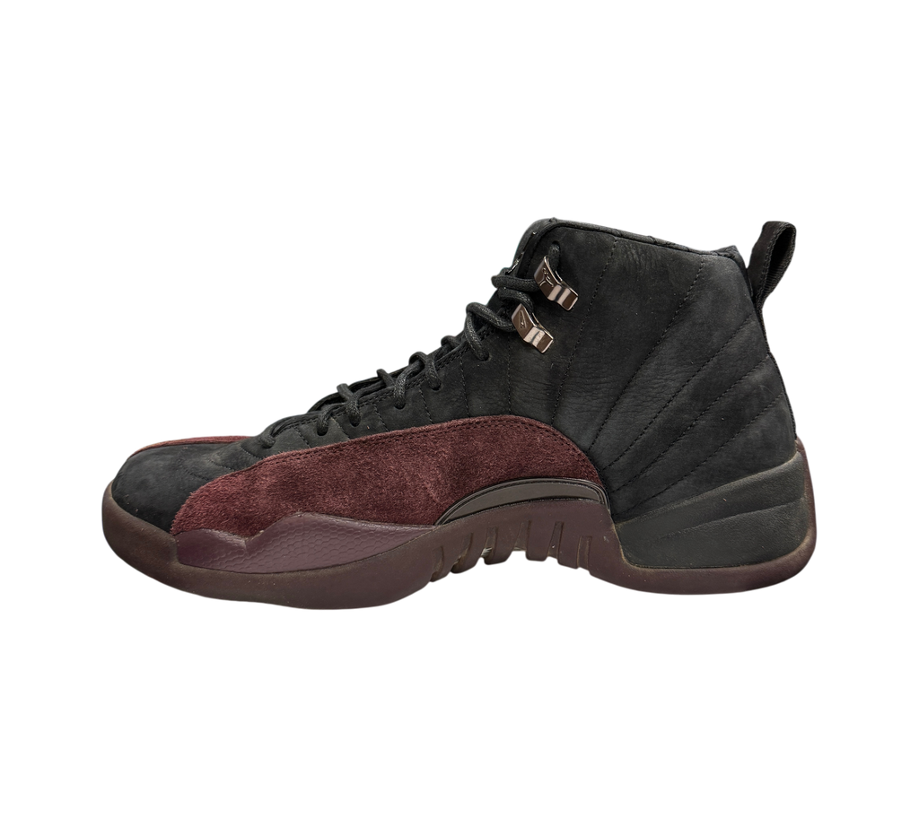 Genesis Boutique Jordan 12 A Ma Maniere Black sneakers featuring a black suede upper and deep burgundy mudguard.