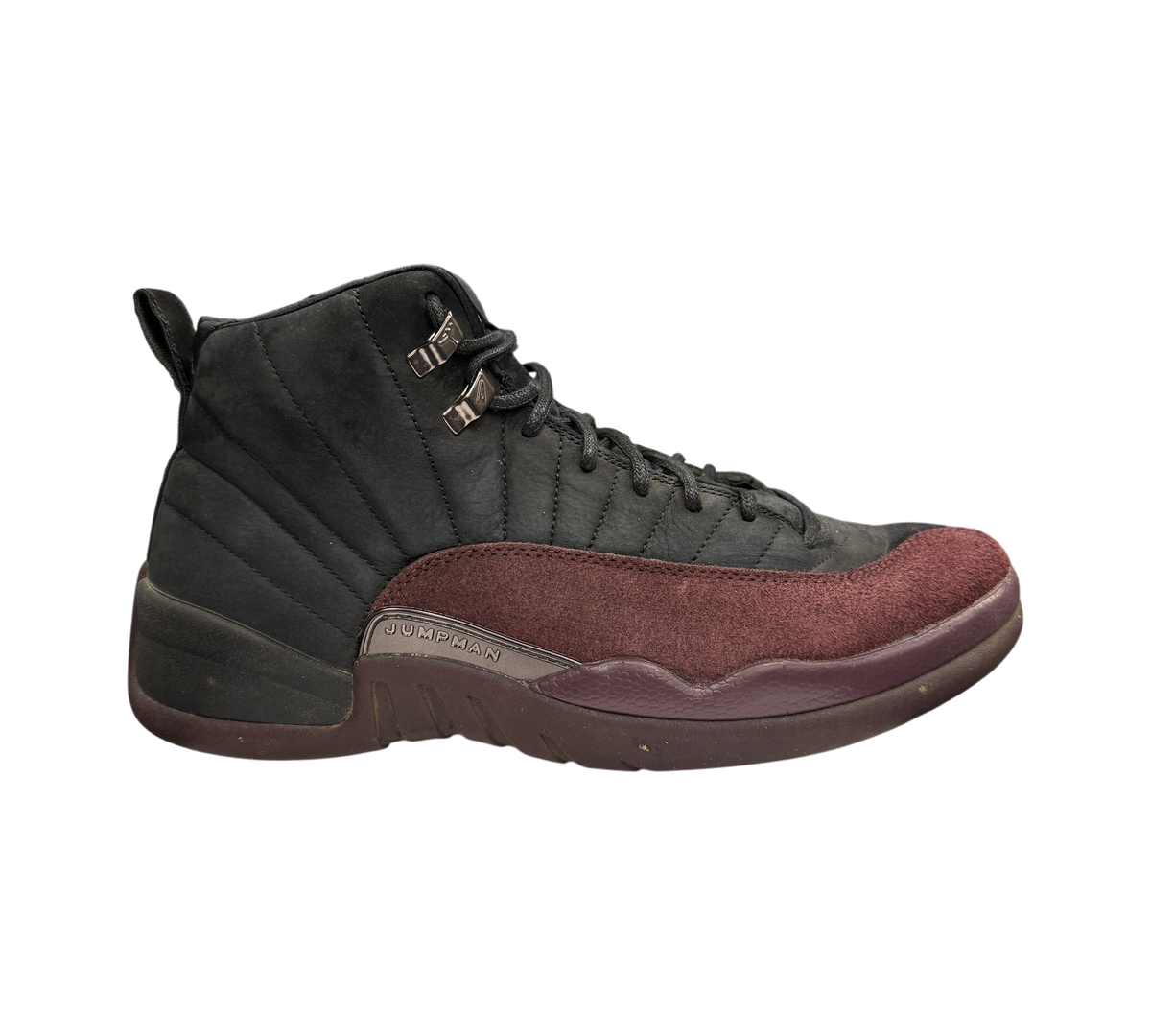Genesis Boutique Jordan 12 A Ma Maniere Black sneaker with black suede upper and burgundy textured mudguard
