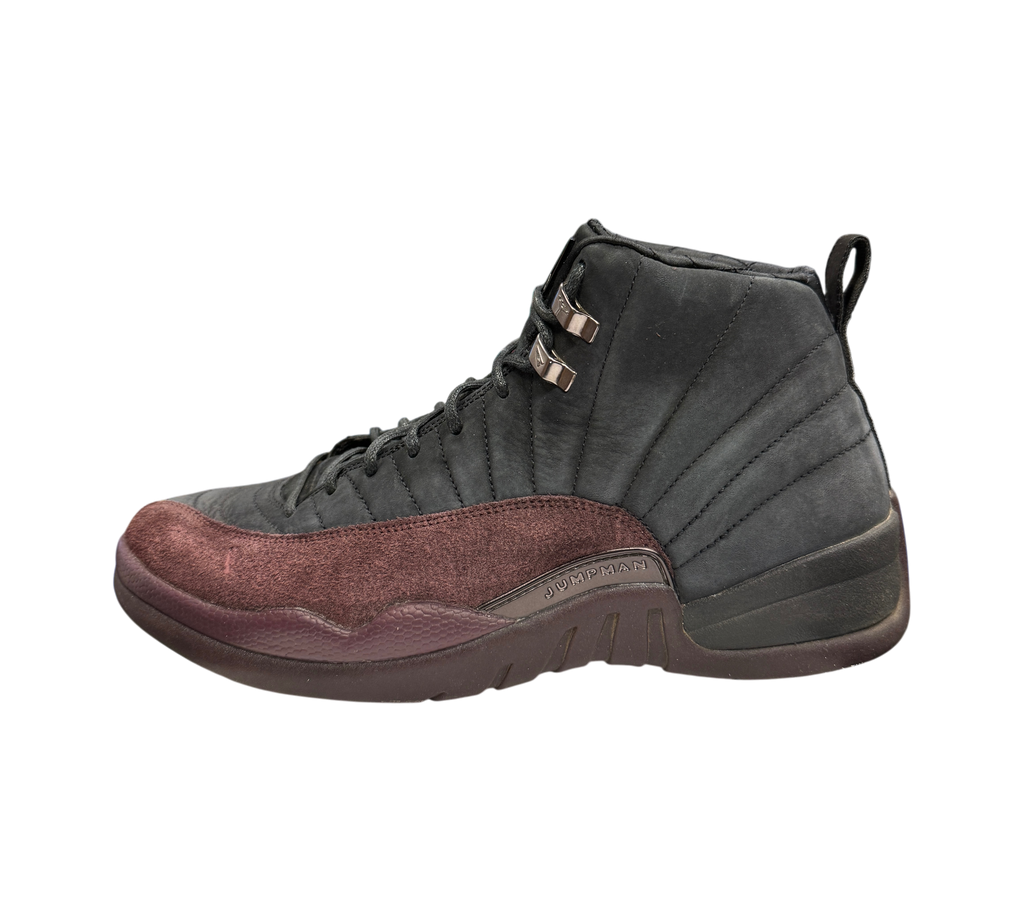 Genesis Boutique Jordan 12 A Ma Maniere Black sneaker with black suede upper and burgundy textured leather mudguard